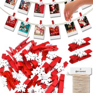 Mini Clothespins Christmas Clothes Pins for Photo Red Clothespins White Snowflake Wooden Clips Small Close Pins for Picture Polaroid Craft Display Hanging Wall Card Holder, 50 PCS with 33 FT String