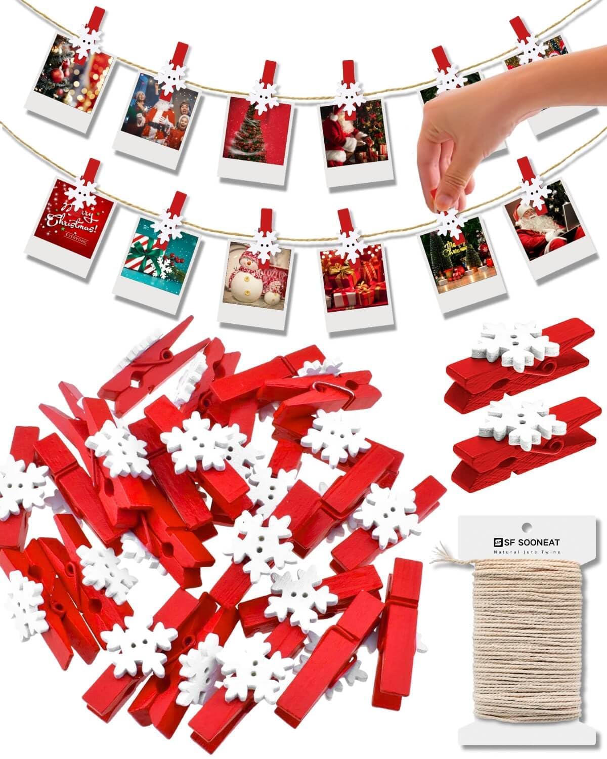 Mini Clothespins Christmas Clothes Pins for Photo Red Clothespins White Snowflake Wooden Clips Small Close Pins for Picture Polaroid Craft Display Hanging Wall Card Holder, 50 PCS with 33 FT String