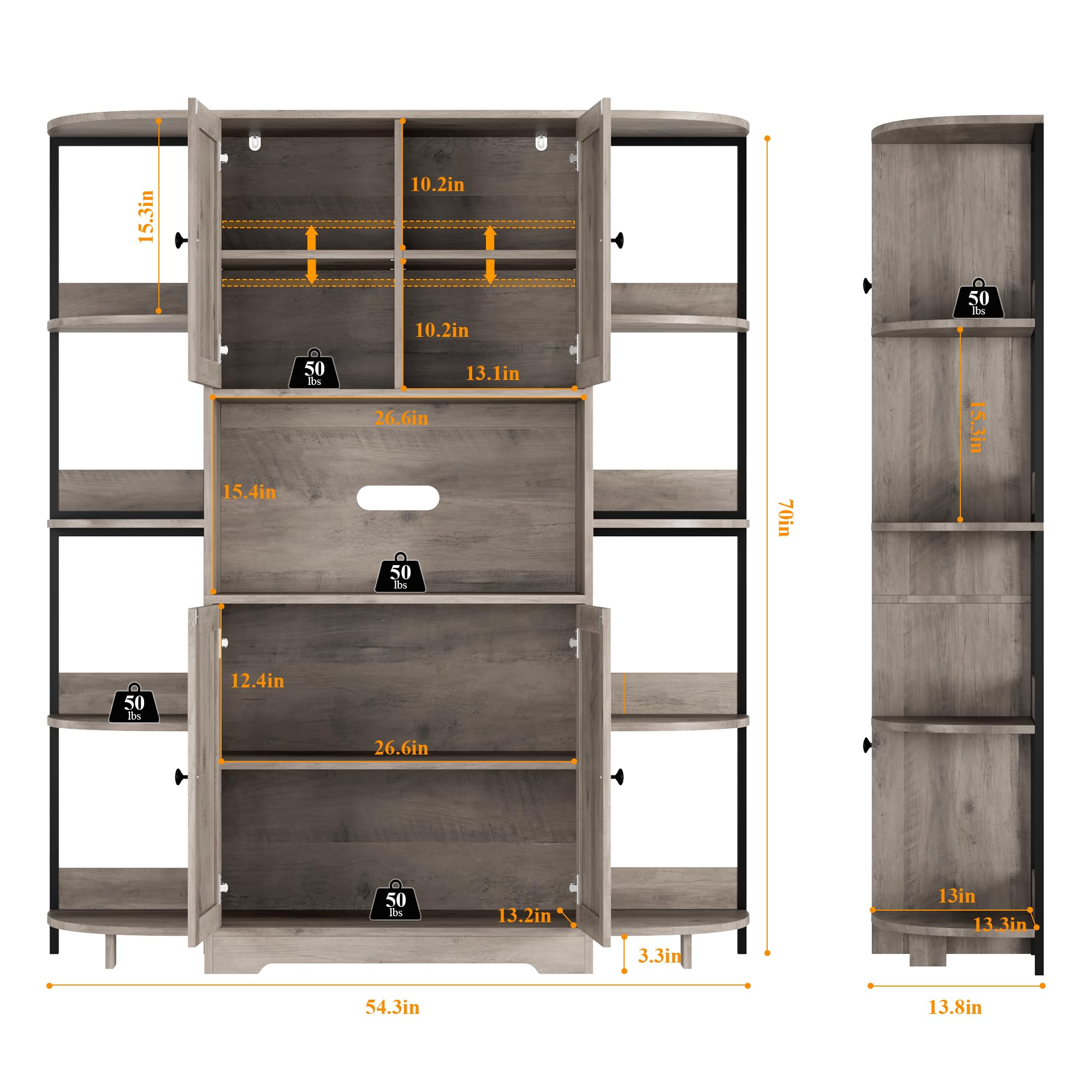 HITHOS 70" Kitchen Pantry Storage Cabinet, Tall Kitchen Hutch Cabinet with Microwave Stand, Industrial Pantry Cabinet with 8 Open Shelves & Coffee Bar Cabinet for Dining Room, Living Room, Ash Gray