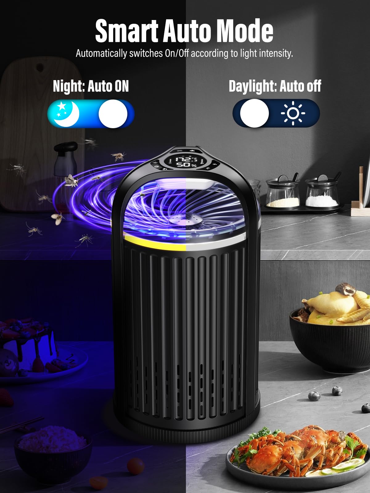 Fruit Fly Traps for Indoors, Smart Fly Trap Indoor with Temperature & Humidity Sensor, Flying Insect Trap for Plants Moths Mosquitoes Gnat Traps with Suction, Bug Lights and 10 PCS Refill - Black