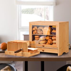 Beglero Bamboo Bread Box with Bread Slicer, Corner Bread Box for Kitchen Countertop, Bread Box for Homemade Bread with Window, Bamboo Bread Box for Kitchen Countertop, Pantry Counter Corner