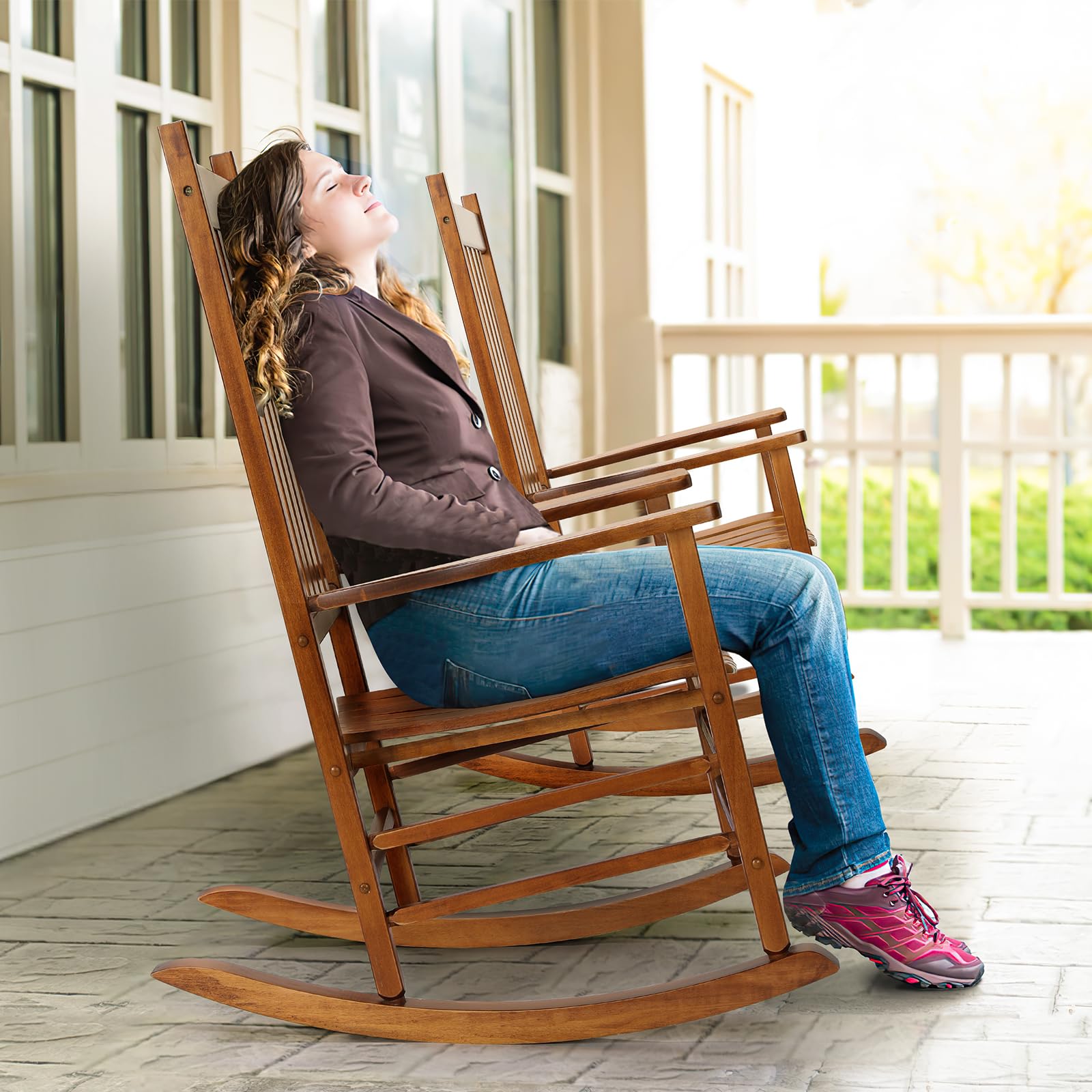 MAMIZO Wooden Rocking Chair Outdoor with High Back,Rocking Chair Indoor Oversized Easy to Assemble for Garden,Lawn, Balcony, Backyard,Porch,Wooden Rocking Chair,Porch Rocker（Teak Brown）