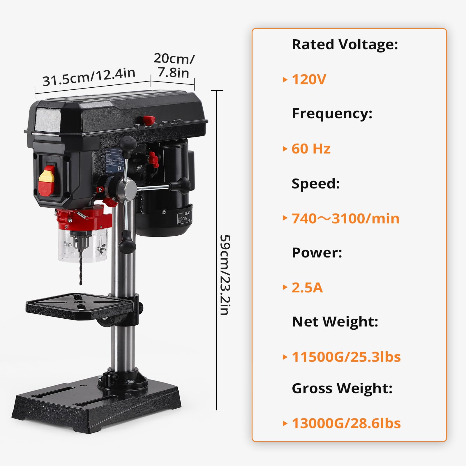 8 Inch Benchtop Drill Press, 2.5Amp Benchtop Drill Machine, 5 Speed Adjustable, Swing Distance 0-45° Tiltling Tabletop Drilling Machine for Wood, Metal