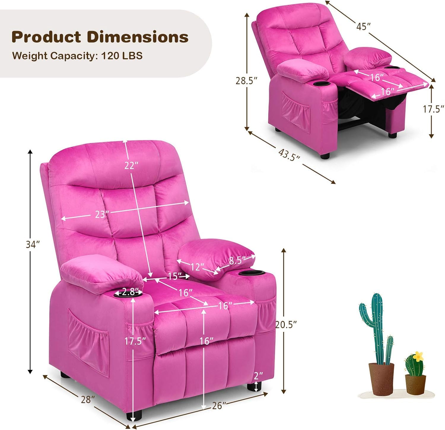 HOMGX Kids Velvet Recliner Chair, Pink