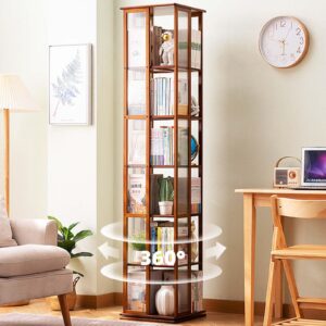 360° Rotating Bookshelf, 6 Tier Floor-Standing Acrylic Bookcase for Kids Adults, Spinning Display Shelf Books Storage Rack for Small Space Living Room, Study Room (Brown)