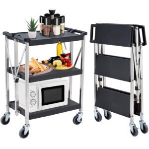 foldable utility service cart w/ 360°swivel wheels lockable, 330lbs load capacity, xl 3-tier tool carts for restaurant garage office outdoor storage and transport, stainless steel frame