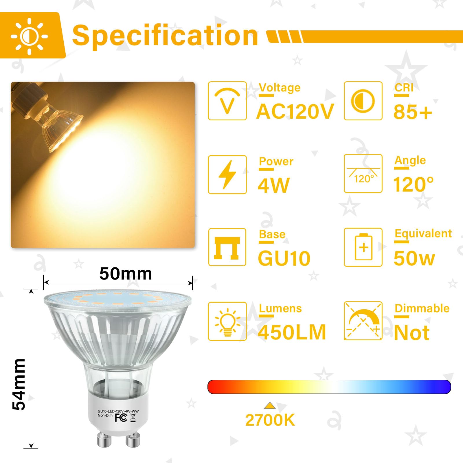 GU10 LED Light Bulbs, 50 Watt Halogen Equivalent, Warm White 2700K, 4W LED Bulbs for Track&Recessed Lighting, 120°Flood Beam Lighting for Kitchen, Range Hood, Living Room, Bedroom, 6 Pack