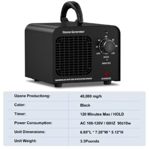 Ozone Generator 40000mg/h, Ozone Machine, Ionizer-High Capacity Ozone Odor Eliminator, For Car/Home/Smoke/Pet Odor Removal(Black)