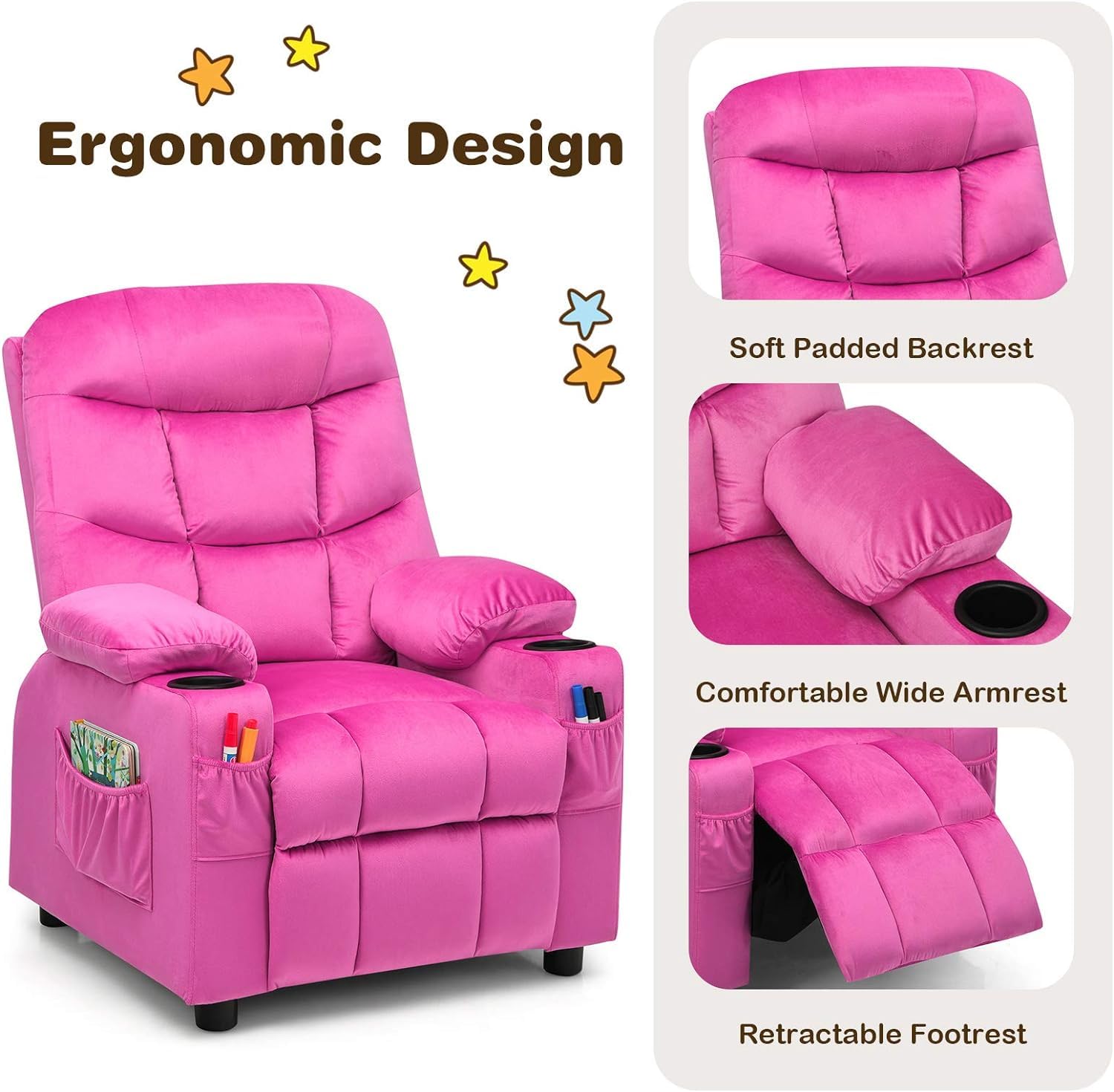 HOMGX Kids Velvet Recliner Chair, Pink