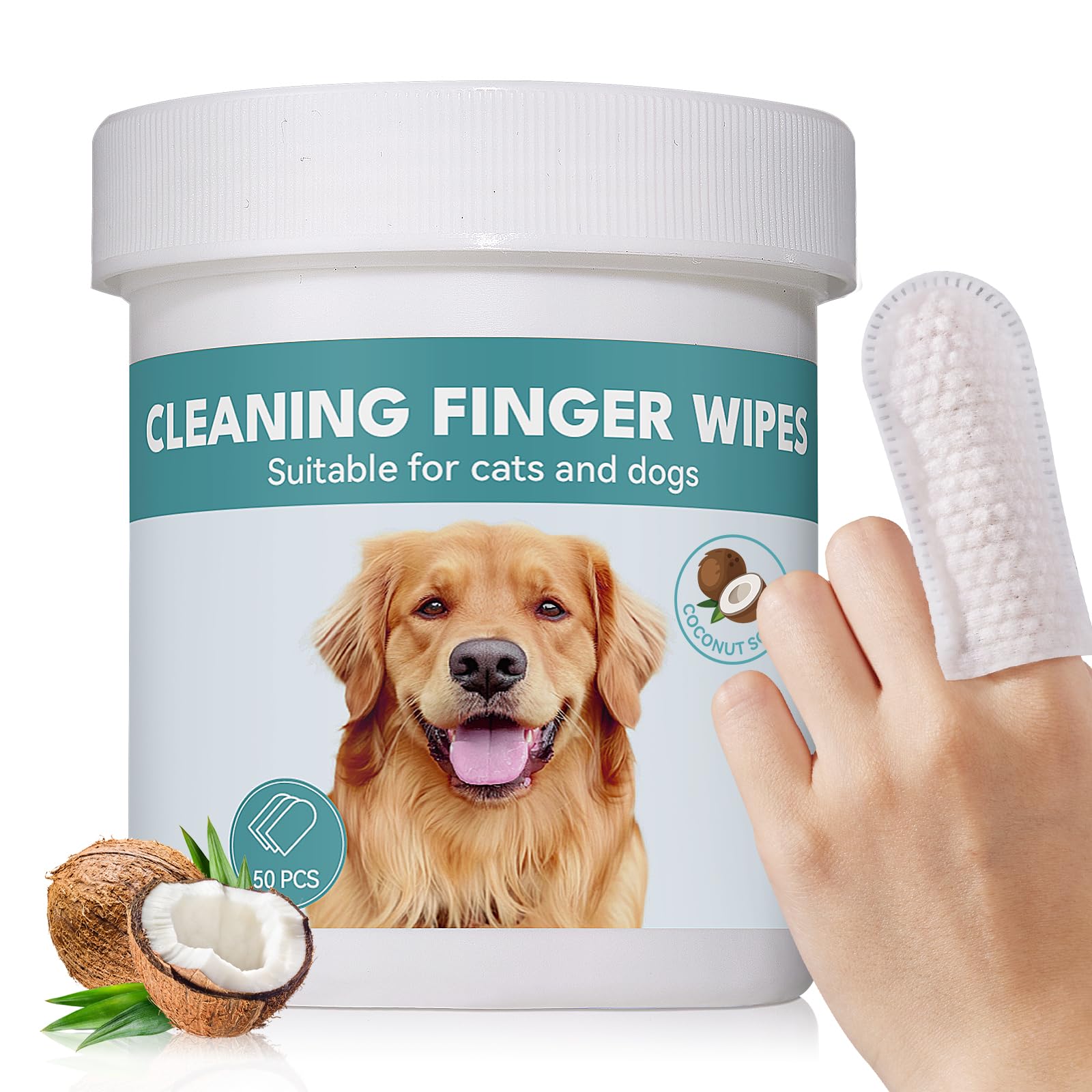 No Pawblems Natural Ear Wipes Finger for Dogs & Cats Comfy Finger Design | Clean Ear Wax, Debris & Dirt Gently | 50 Count Pack (Coconut Scent)