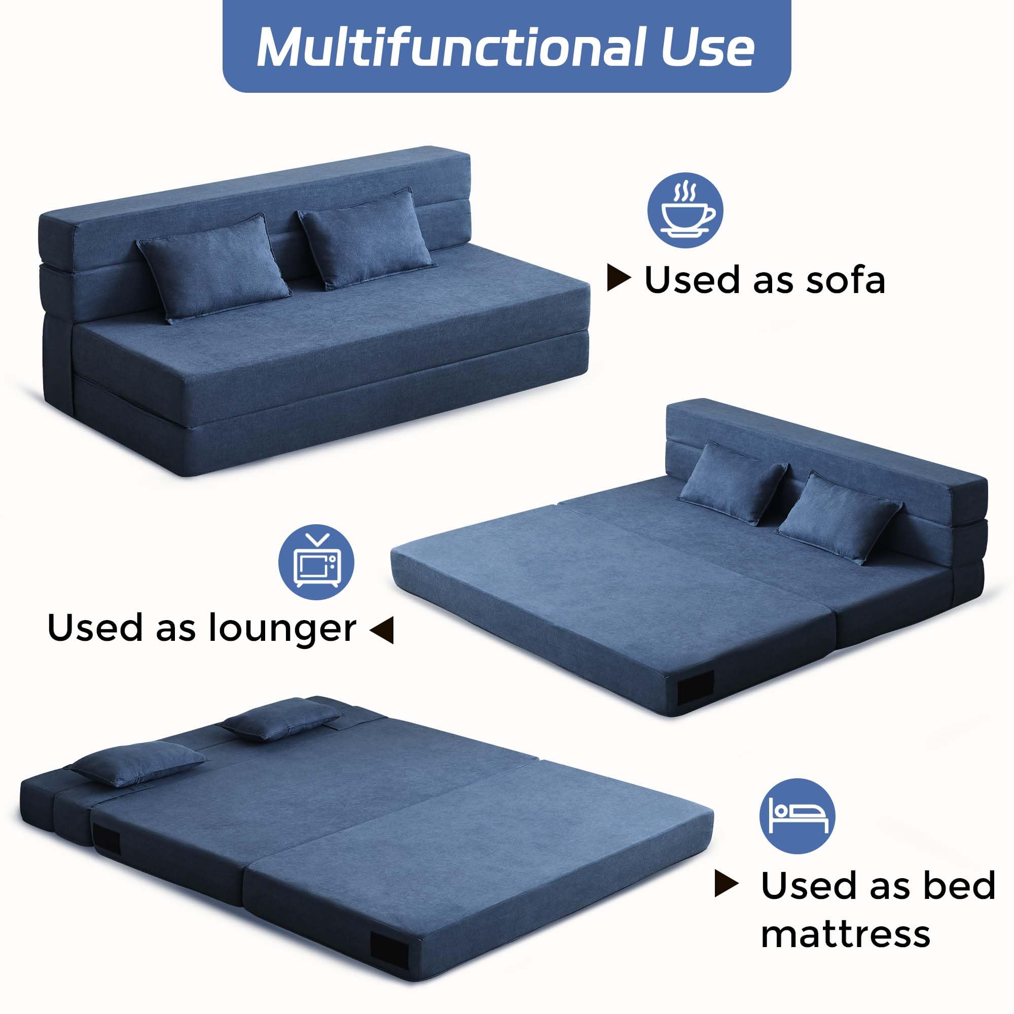 Kaxiti Folding Sofa Bed, 3-in-1 Convertible Sleeper Chair with Pillow, Linen Foldable Mattress Futon, Memory Foam Floor Couch for Living Room/Dorm/Guest Room/Home Office/Bedroom, Queen, Navy Blue