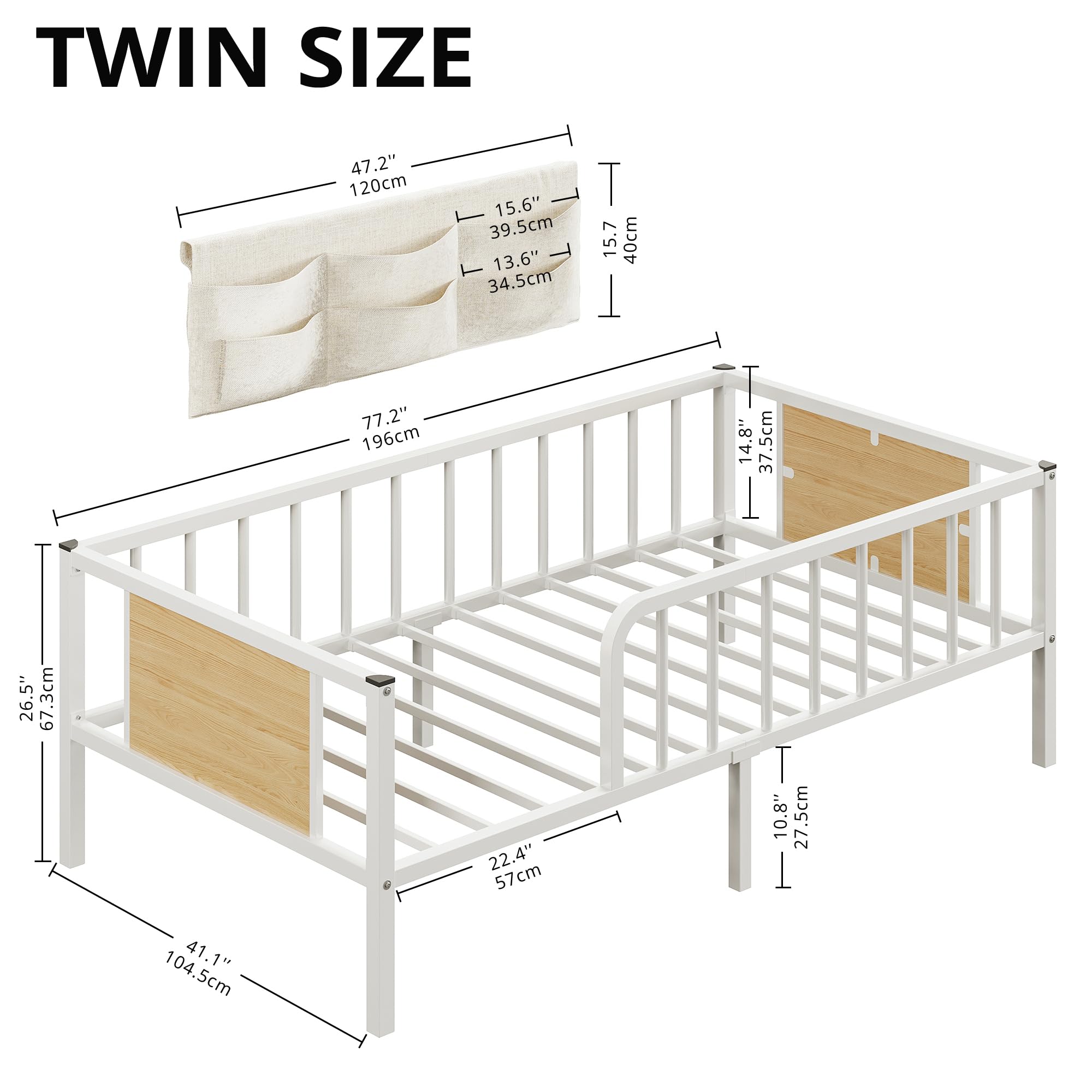 LIKIMIO Twin Bed Frame with Bedside Caddy and Guardrail, Durable Metal Platform Bed, Noise-Free No Box Spring Needed, White