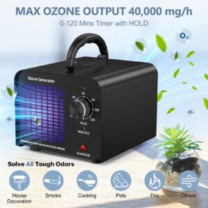 Ozone Generator 40000mg/h, Ozone Machine, Ionizer-High Capacity Ozone Odor Eliminator, For Car/Home/Smoke/Pet Odor Removal(Black)