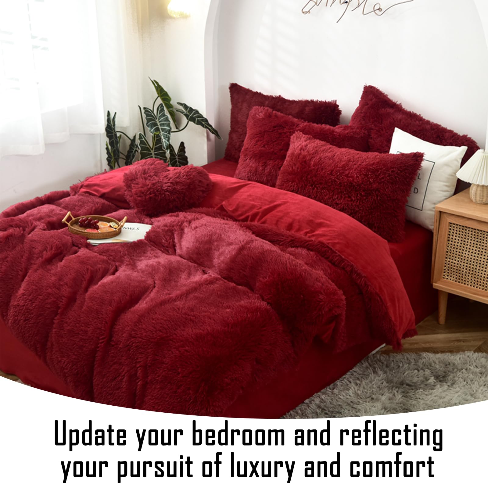 MorroMorn Luxury Shag Fluffy Comforter Cover Set, Shaggy Faux Fur Duvet Cover Sets - 5 Pcs Plush Quilt Cover Pillowcases Velvet Fitted Sheets, Fuzzy Flannel Soft for Full Queen Size Bed Red