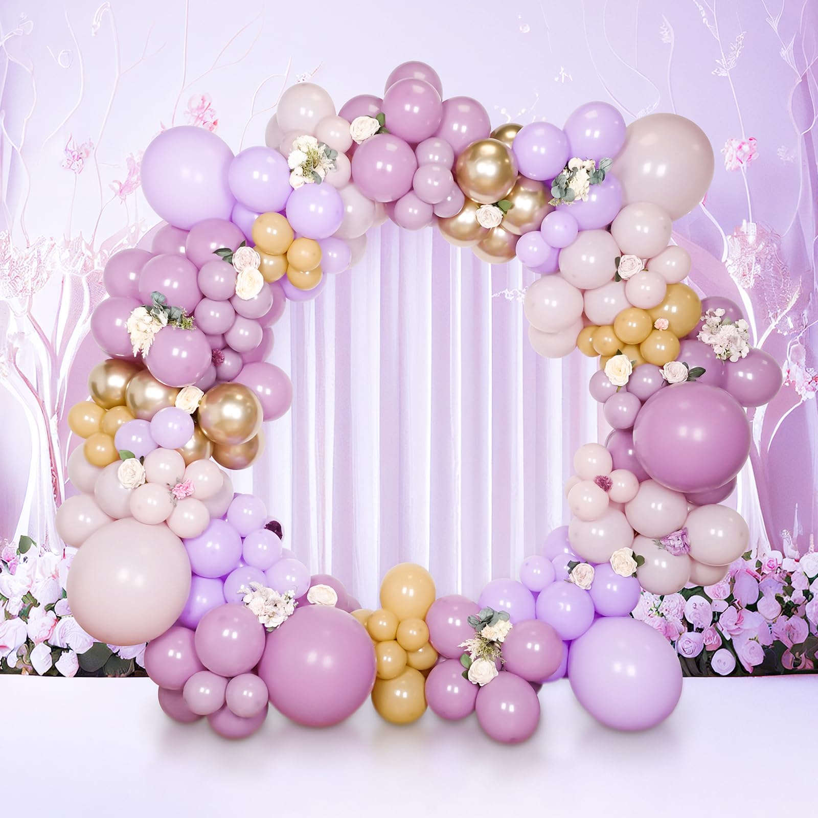 Pink and Purple Balloon Arch Kit - Dusty Purple Lavender Champagne Gold Pink Balloons for Girls Birthday Baby Shower Wedding Bridal Shower Balloon Arch Decorations Retro Purple Pink Balloon Garland