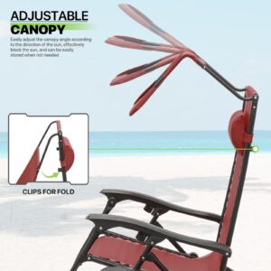 Magshion Zero Gravity Lounge Chair with Canopy, Outdoor Foldable Patio Reclining Chair with Side Tray, Adjustable Anti-Gravity Recliner with Headrest, Folding Lounger for Lawn Camping Beach, Maroon