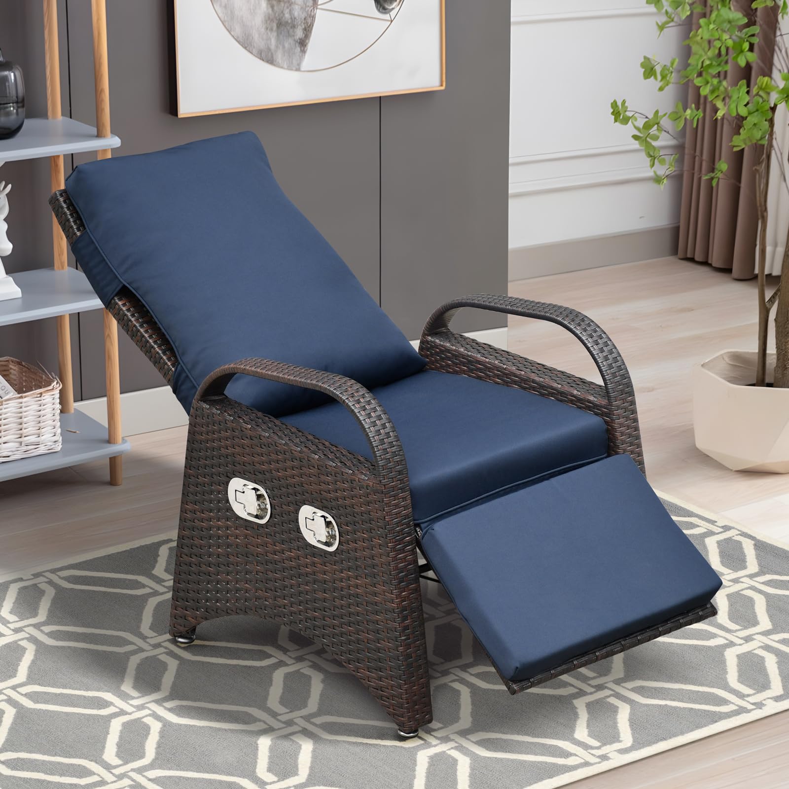 Skypatio Outdoor Recliner Chair, Independently Adjustable Backrest and Footrest All-Weather Wicker Patio Reclining Lounge Chair with Flip Side Table, Navy Blue