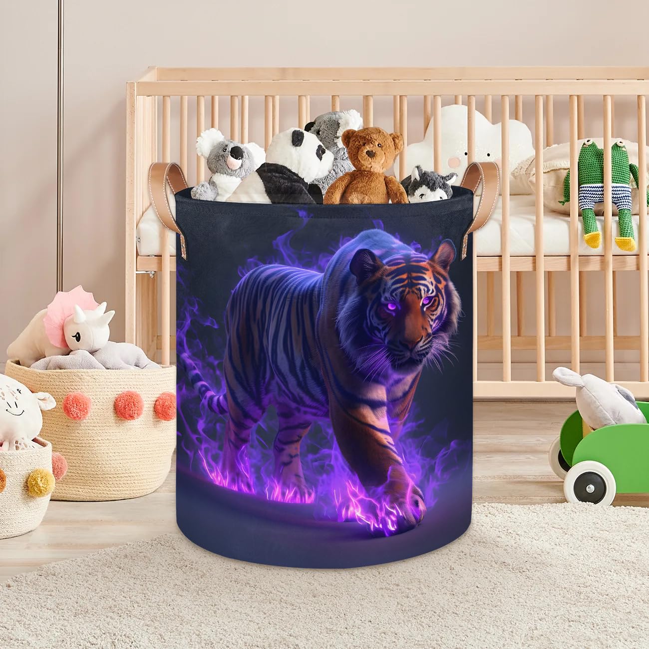 Flame Tiger Laundry Hamper, Tropical Tiger Dirty Clothes Hamper, Foldable Round Laundry Basket with Leather Handle Trim - Suitable for Office, Bedroom and Utility Room