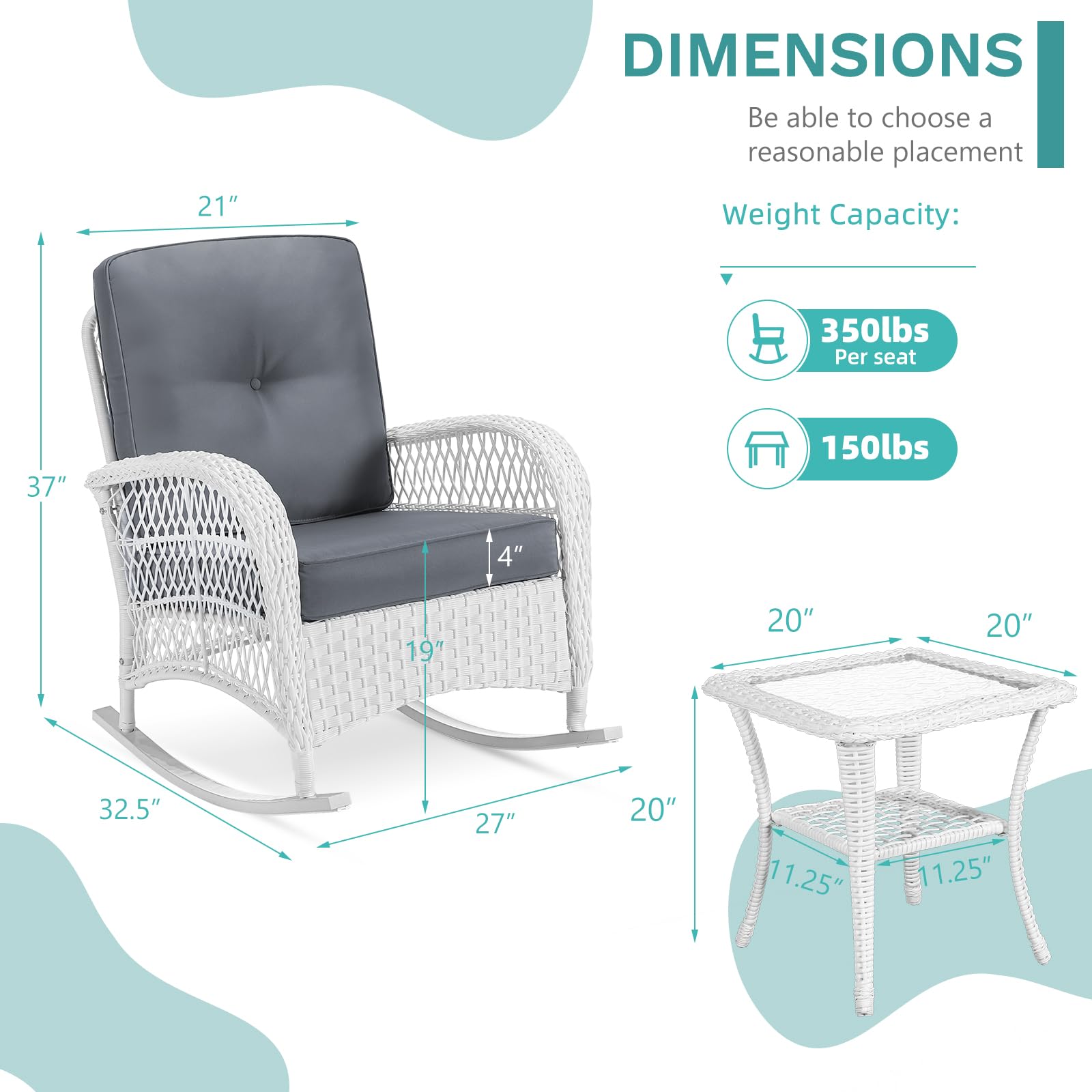 MEETWARM 3 Pieces Patio Conversation Set, Rattan Outdoor Rocking Patio Bistro Set with 2 Rockers and 1 Side Table with 4" Thick Cushions, Outdoor Furniture Set for Porch Backyard, White Wicker/Grey