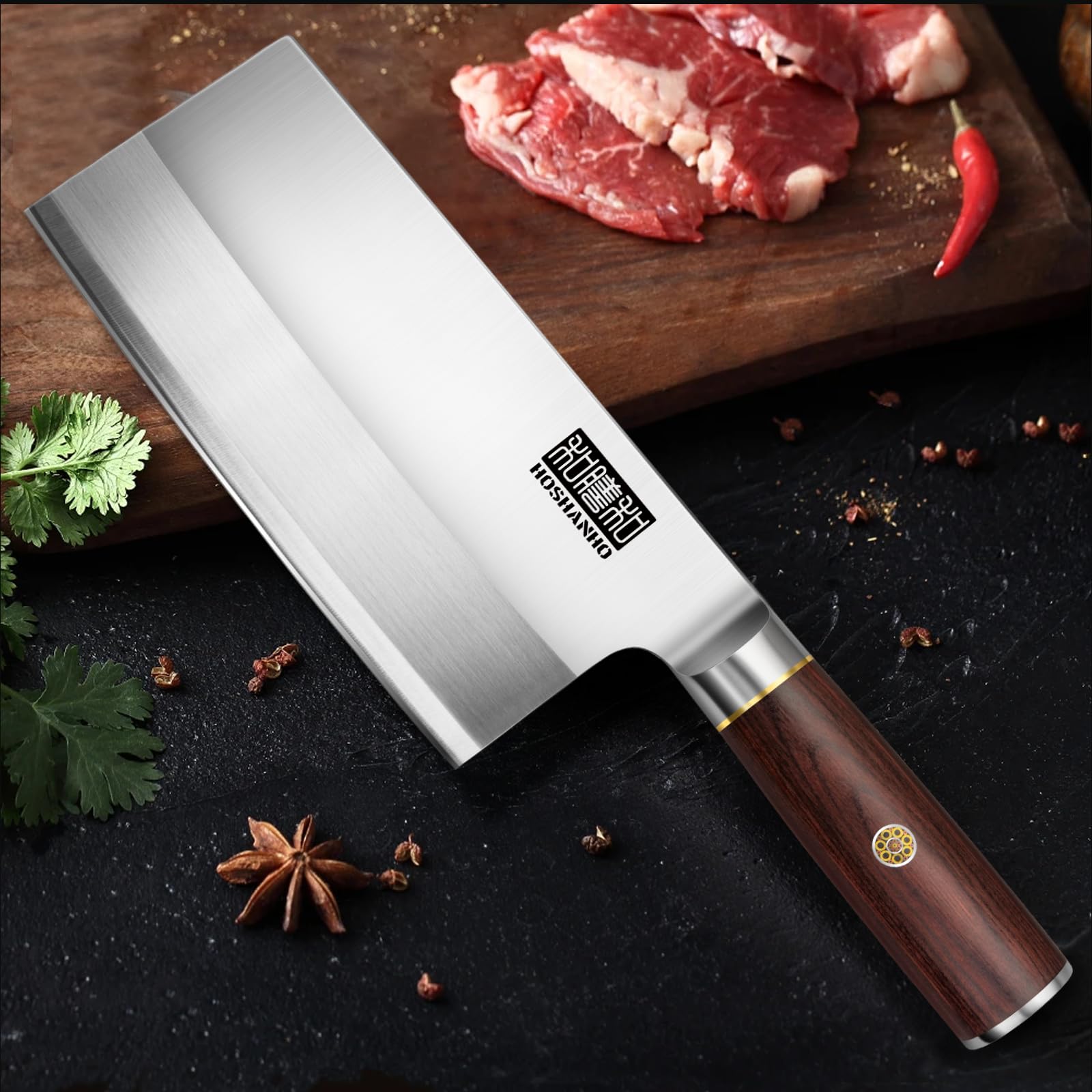 HOSHANHO Ultra Sharp Cleaver Knife, Powder Steel and High Carbon Steel Chinese Cleaver Knife, Butcher Knife with Wooden Handle, Meat Cleaver for Home and Restaurant