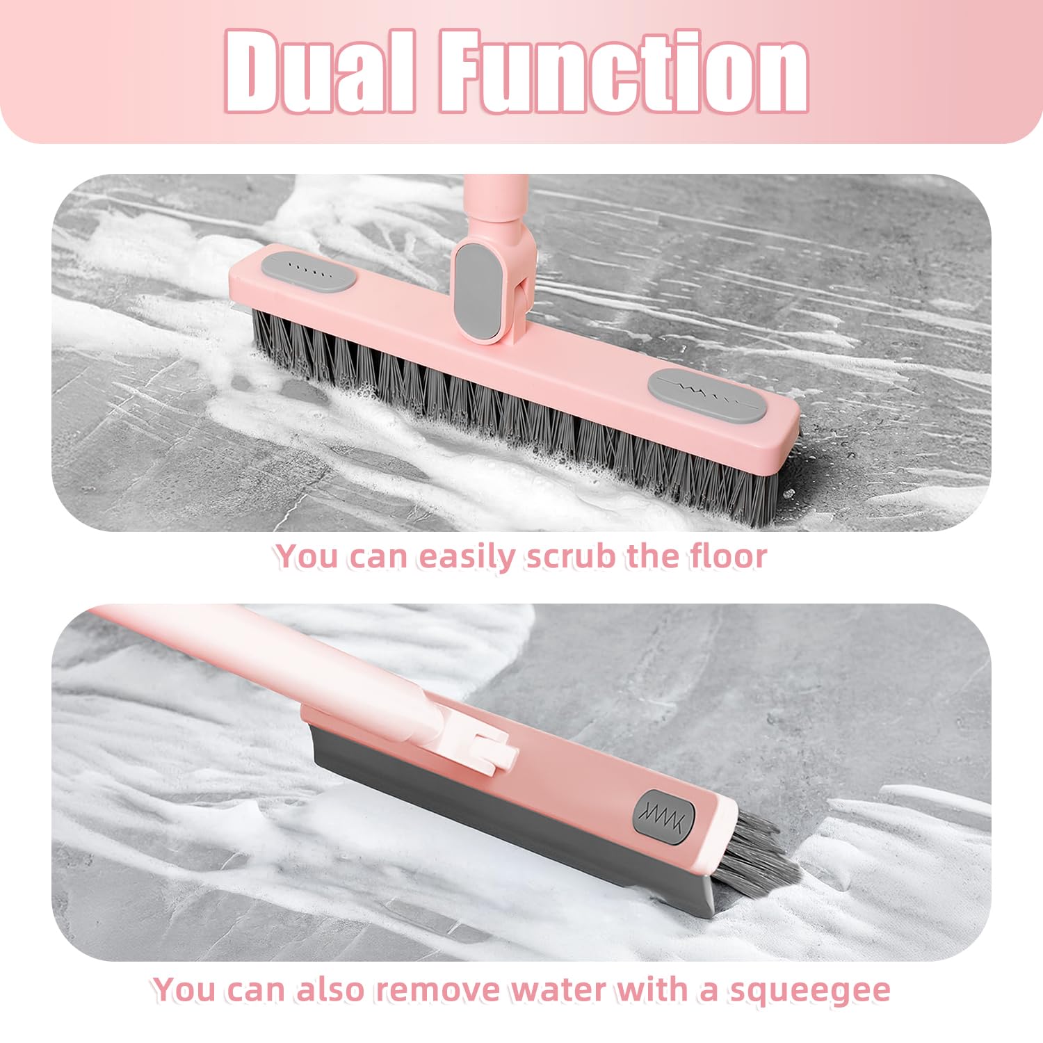 KZKR Floor Scrub Brush with Squeegee,Grout Brush with Telescopic Long Handle,V-Shape Floor Scrubber Brush with Scrape Stiff Bristle Shower Tile Grout Cleaning Tool for Kitchen Bathroom Baseboard Deck