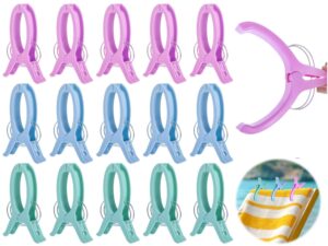 15 pcs large beach towel clips, sewing clamps plastic clothes pins & quilt clips, kitchen & bathroom towel clips, large strong clothes clips keep towel from blowing away(3 colors)