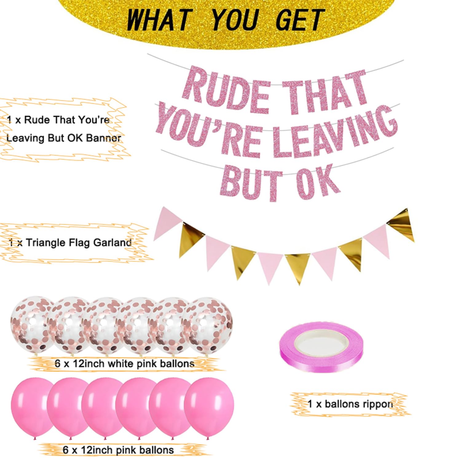 ADULLPONY Going Away Party Decorations Rude That You're Leaving But OK Banner Funny Farewell Decorations Party Set with Pink and Gold Glitter Perfect for Coworker Leaving Goodbye Party Decorations