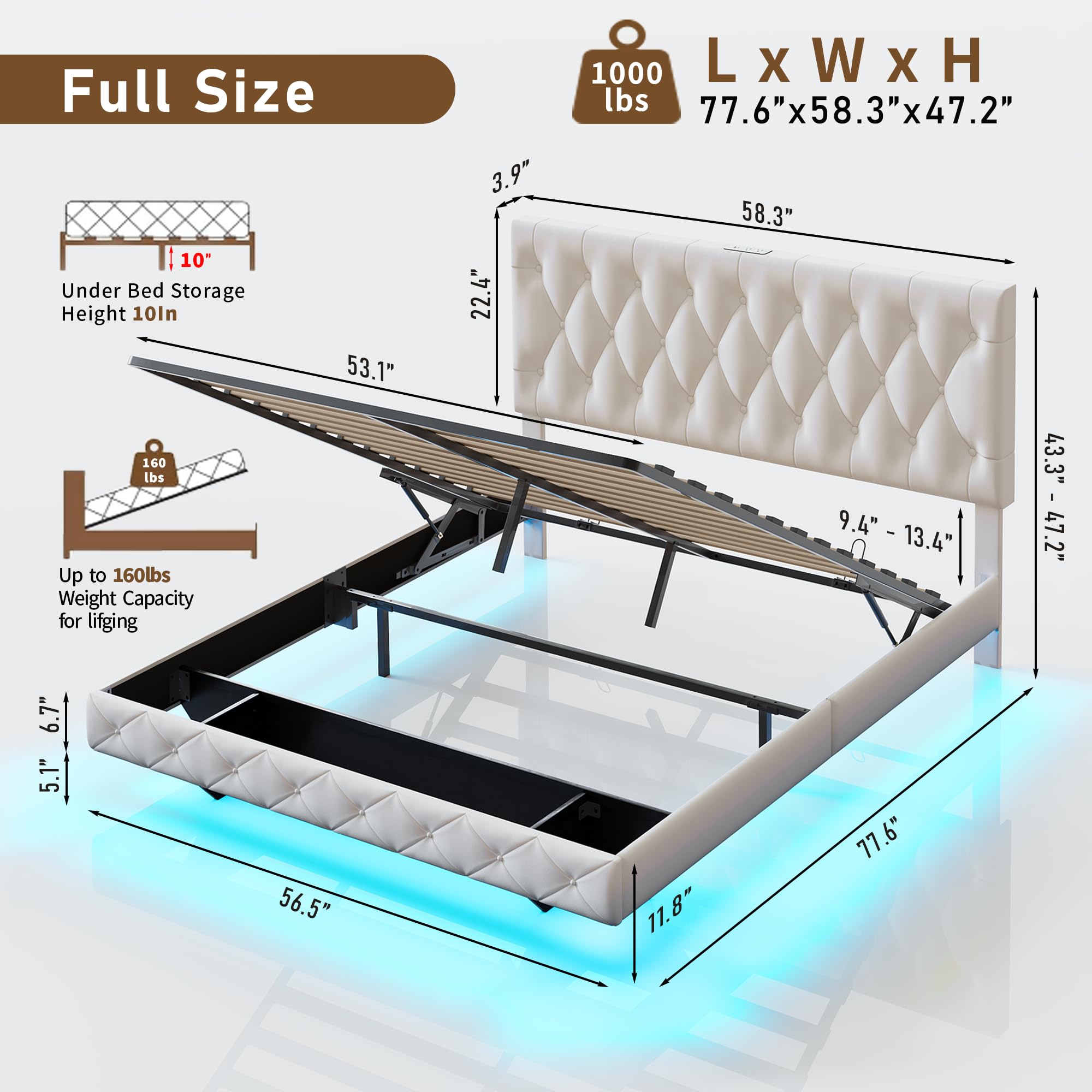 Full Size Lift Up Storage Bed Frame with Led Lights & Charging Station, Floating Bed Frame, Velvet Upholstered High Headboard Bed Frame, Hydraulic Storage/Innovative Stable Structure/Easy Assembly