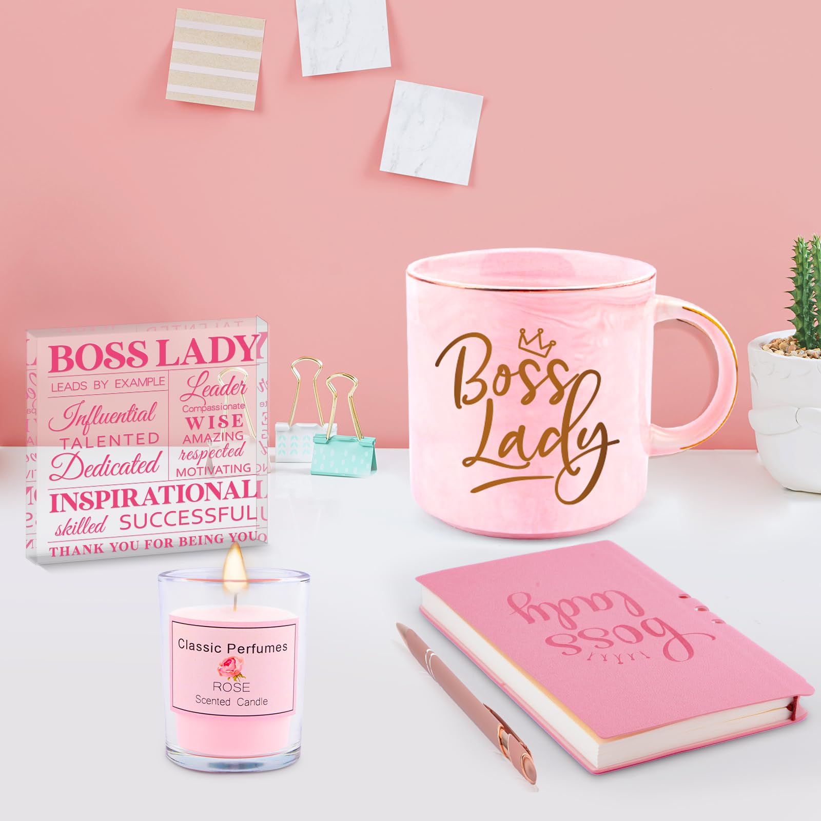 Boss Lady Gifts For Women, Thank You Gifts for Her, Boss Appreciation Gifts for Leader, Thanksgiving Christmas Gifts For Mom Birthday Present Boss Coffee Mug Acrylic Sign Notebook Ballpoint Pen Candle