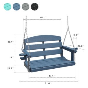 VICLLAX Outdoor Hanging Porch Swing, HDPE Patio Swing Chair with Cup Holders, 2 Seat Swing Chair Bench for Courtyard & Garden, 600LBS Weight Capacity, Dark Blue