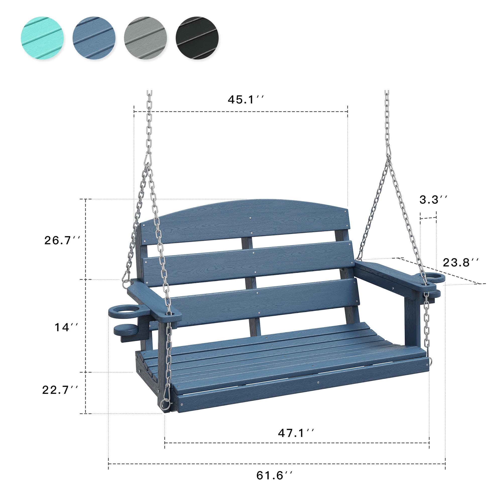 VICLLAX Outdoor Hanging Porch Swing, HDPE Patio Swing Chair with Cup Holders, 2 Seat Swing Chair Bench for Courtyard & Garden, 600LBS Weight Capacity, Dark Blue