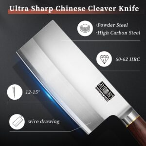 HOSHANHO Ultra Sharp Cleaver Knife, Powder Steel and High Carbon Steel Chinese Cleaver Knife, Butcher Knife with Wooden Handle, Meat Cleaver for Home and Restaurant