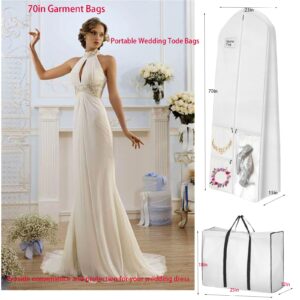 Wedding Dress Garment Bags for Hanging Clothes and Travel 70" Dress Bags for Gowns Long with Bride Tote Bag Suitable for Women Long Dress Down Fur,White