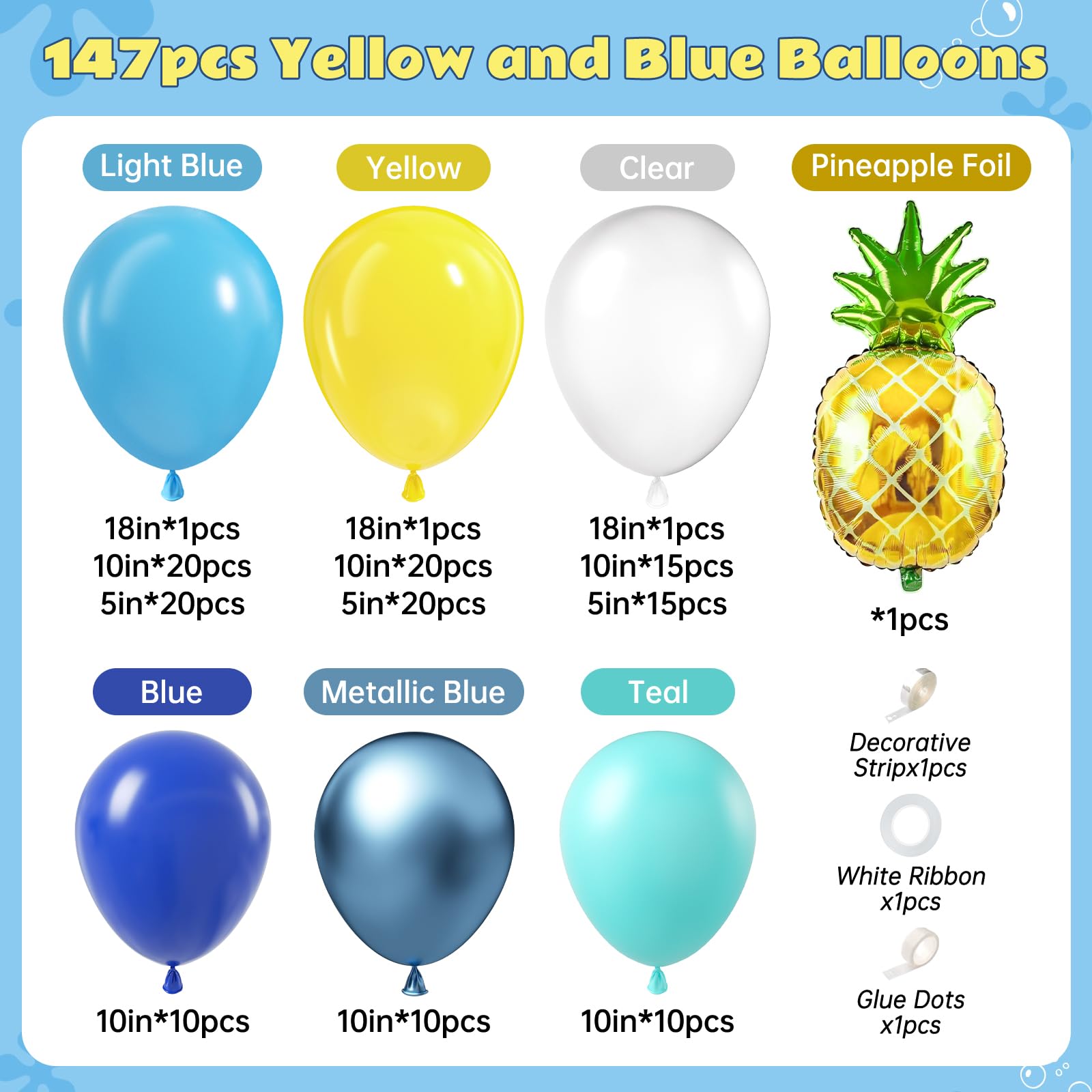 148pcs Cartoon Sponge Balloon Arch Kit, Sponge Birthday Decorations with Yellow Blue Clear Metallic Blue Teal Blue Balloons Pineapple Balloon For Cartoon Sponge Birthday Party Baby Shower Decorations