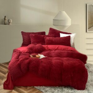 morromorn luxury shag fluffy comforter cover set, shaggy faux fur duvet cover sets - 5 pcs plush quilt cover pillowcases velvet fitted sheets, fuzzy flannel soft for full queen size bed red