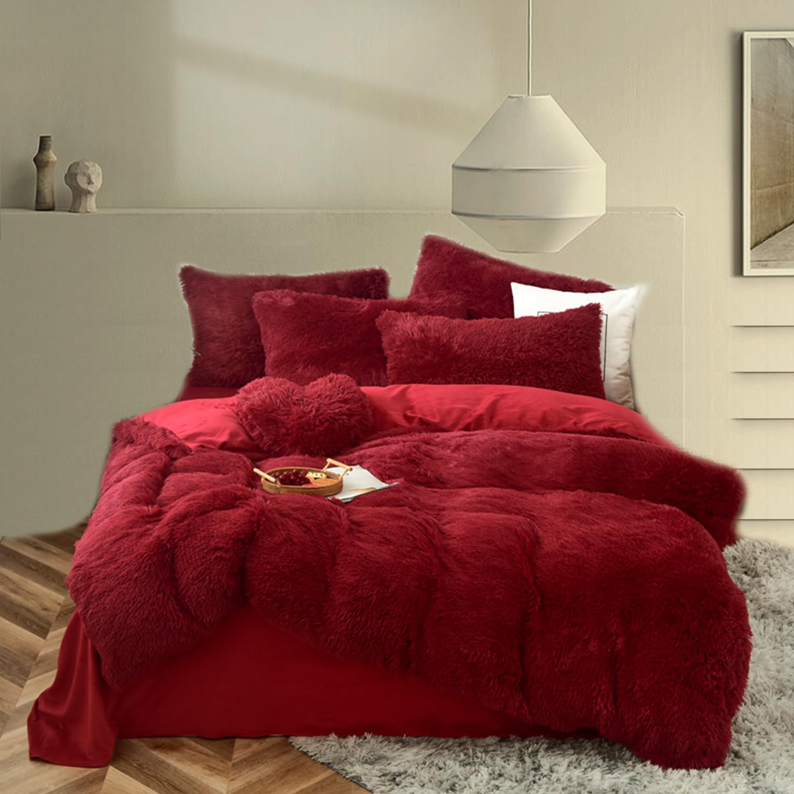 MorroMorn Luxury Shag Fluffy Comforter Cover Set, Shaggy Faux Fur Duvet Cover Sets - 5 Pcs Plush Quilt Cover Pillowcases Velvet Fitted Sheets, Fuzzy Flannel Soft for Full Queen Size Bed Red