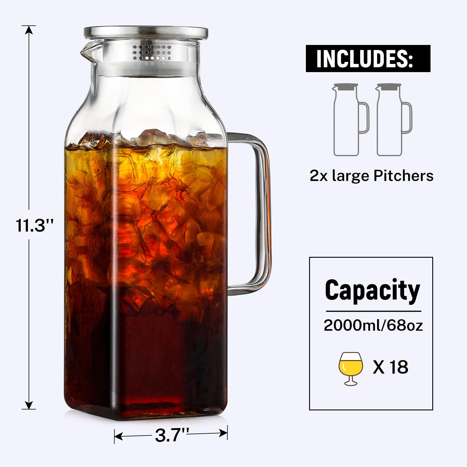 Netany 2 Pack 2 Liters/68 oz Square Glass Pitcher with Lid and Handle for Fridge, Iced Tea and Coffee Carafe Beverage Serveware, Heat Resistant Borosilicate Water Jug for Hot/Cold Drinks and Milk