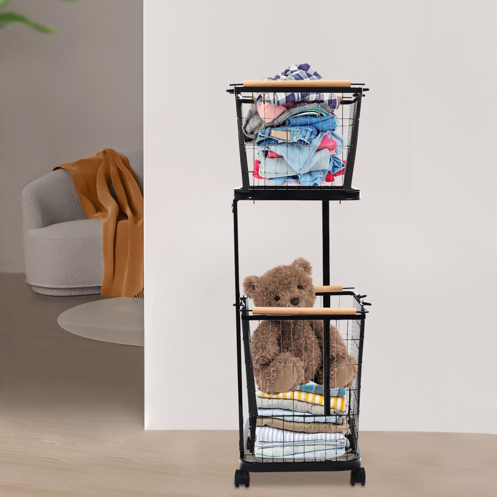 Rolling Laundry Bakset on Wheels, 2-Tier Metal Laundry Hamper Basket Butler Cart with 2 Removable Baskets and 4 Universal Wheels for Kitchen, Bathroom, Laundry Room