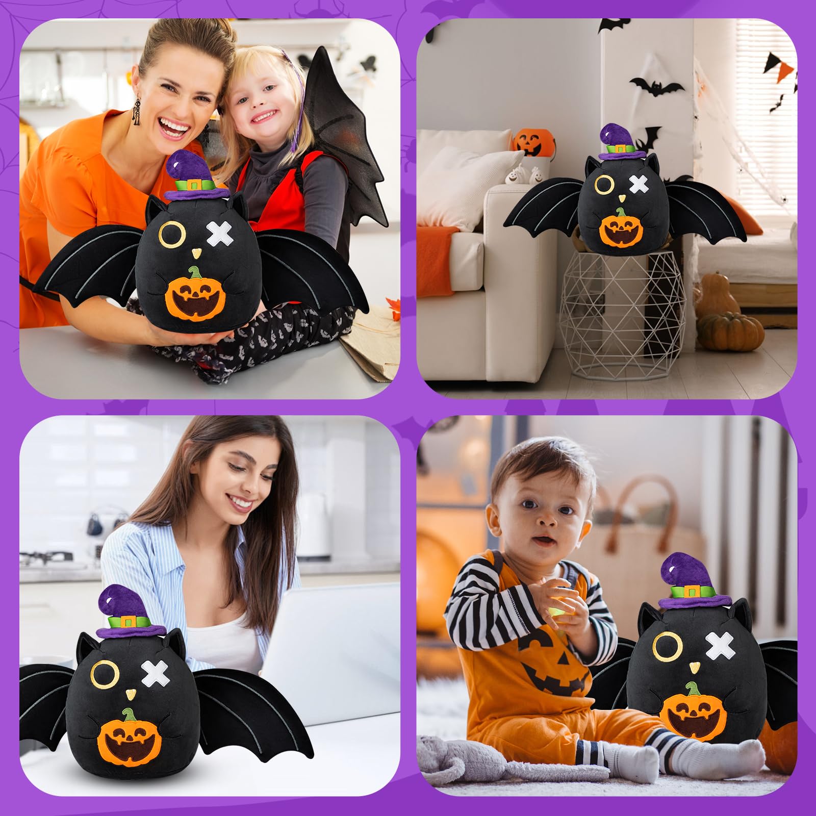 Halloween Stuffed Animal, Black Bat Plush Pillow Toy, 10-inch Super Soft Cute Bat with Big Wings and Pumpkin Stuffed Animals for Kids Adult