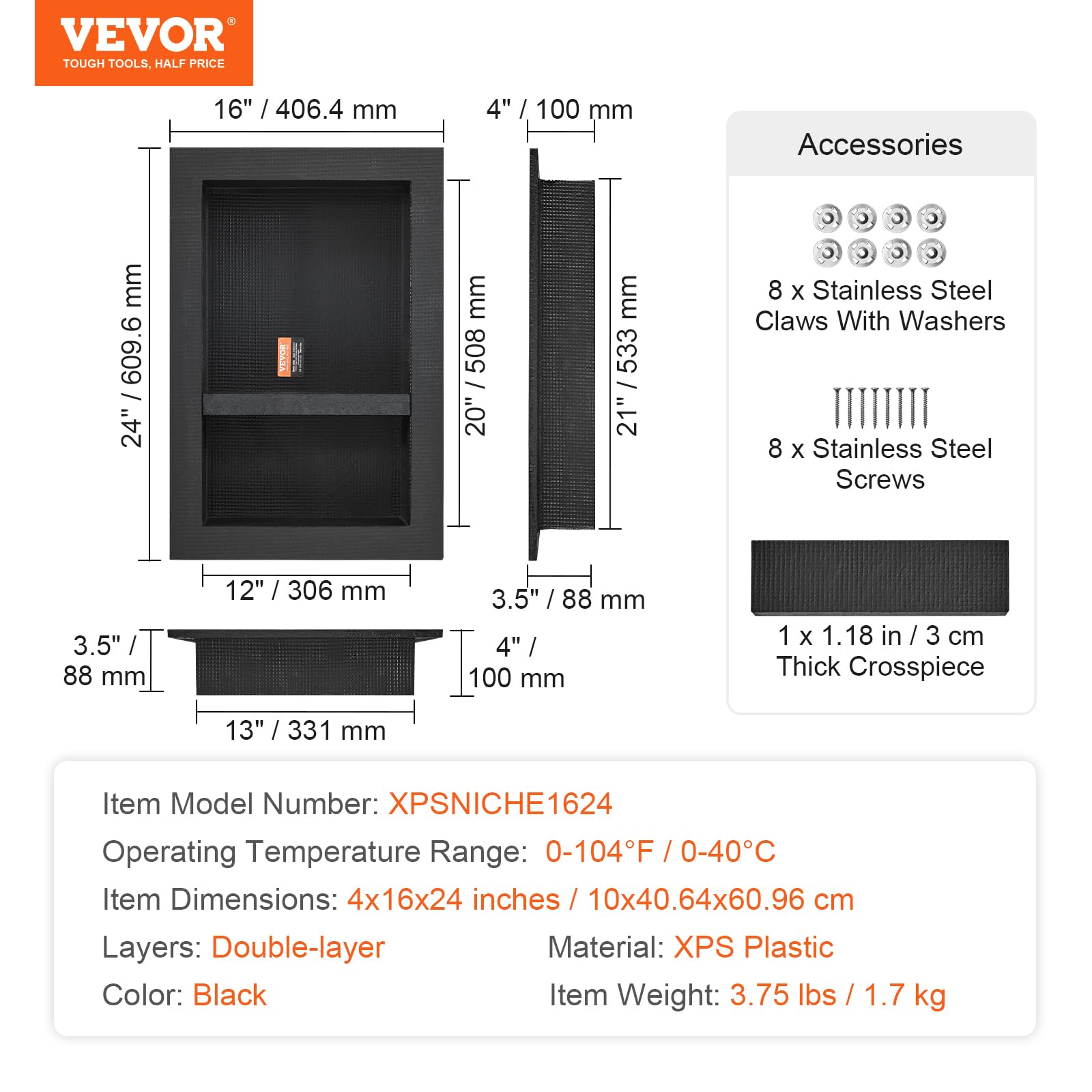 VEVOR Shower Niche Ready for Tile 16" x 24", Double Shelf Organizer, Square Corners Wall-inserted Niche Recessed, Sealed Protection Modern Soap Storage Niche for Shower Bathroom, Black