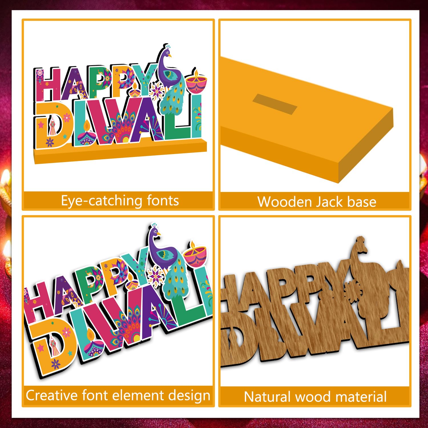 3Pcs Diwali Decorations Wooden Table Centerpieces, Happy Diwali Table Decorations for Indian Hindu Festival of Lights Party Diwali Decorations for Table