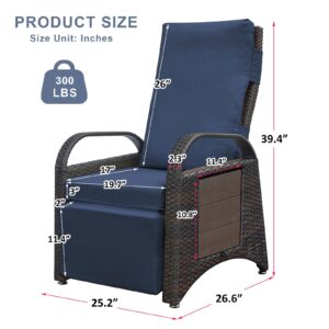 Skypatio Outdoor Recliner Chair, Independently Adjustable Backrest and Footrest All-Weather Wicker Patio Reclining Lounge Chair with Flip Side Table, Navy Blue