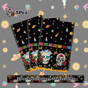 MEHOFOND 3 Pcs Day of The Dead Plastic Tablecloth, Dia De Los Muertos Disposable Table Cover for Halloween, Mexican Skull Floral Fiesta Party Decorations, Day of The Dead Party Supplies