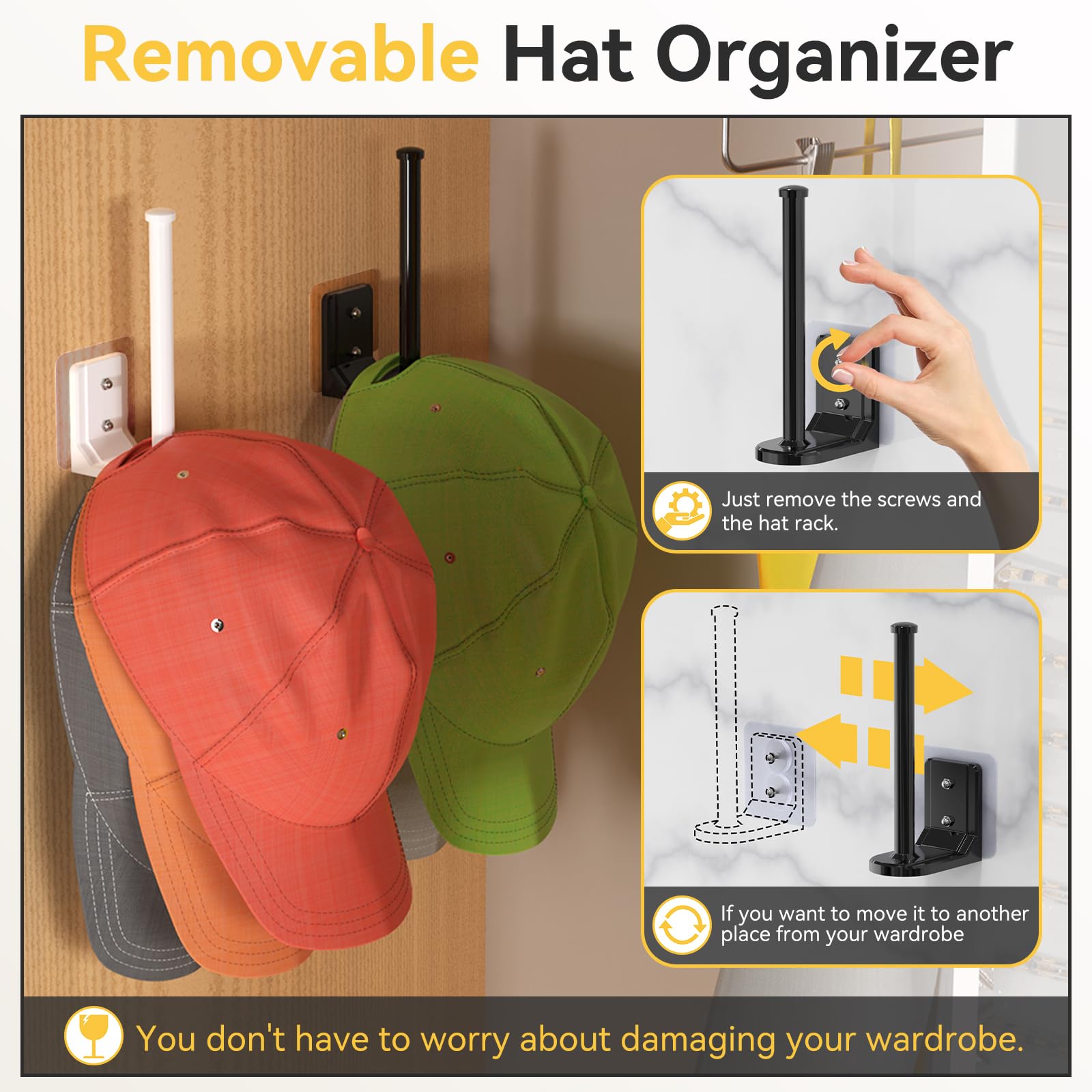 HzTinT 4 Pack Hat Organizer for Baseball Caps Hat Racks for Wall Baseball Hat Storage Organizer Hat Holder for Closet Hat Display Mount Adhesive/Drill Black