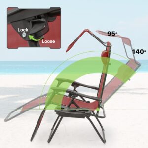 Magshion Zero Gravity Lounge Chair with Canopy, Outdoor Foldable Patio Reclining Chair with Side Tray, Adjustable Anti-Gravity Recliner with Headrest, Folding Lounger for Lawn Camping Beach, Maroon