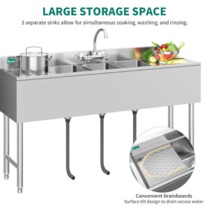 YITAHOME NSF Commercial Kitchen Sink 3 Compartment Stainless Steel Bar Sink with Double Drainboard, Prep Freestanding Large Sink for Restaurant, Garage, Utility Underbar Sink 60"L x 19"W x 32in