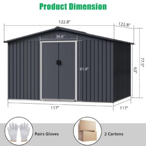 GarveeLife 10x10 Ft Outdoor Storage Shed, Steel Utility Tool Shed with Sloped Roof & Lockable Door, Backyard Garden Patio Lawn Outdoor Shed for Organising Tools and Equipment in Yard, Garden, Grey