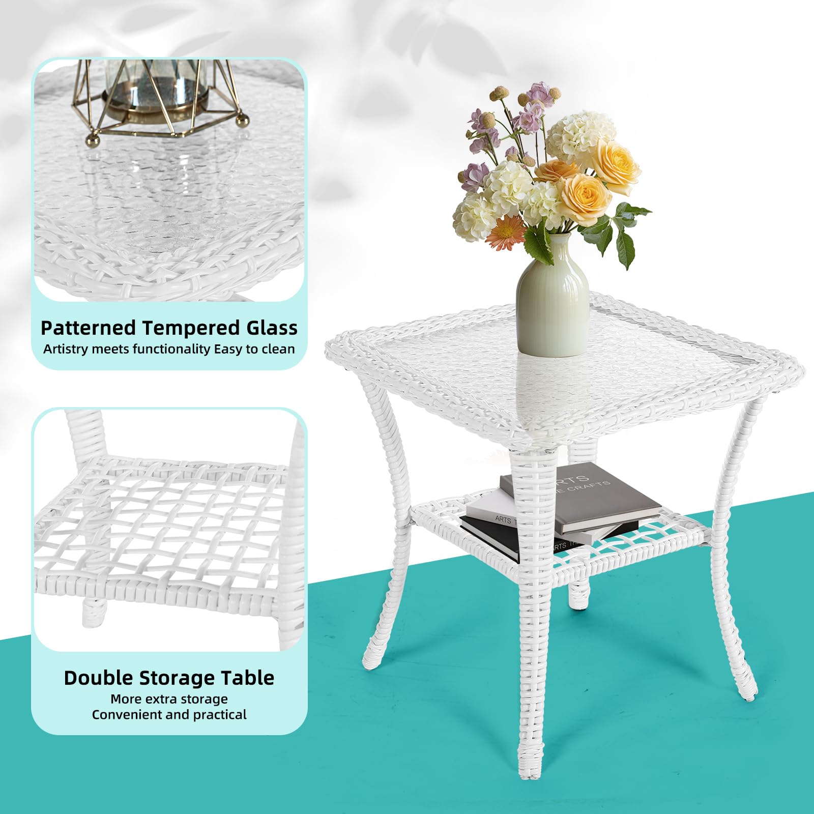 MEETWARM 3 Pieces Patio Conversation Set, Rattan Outdoor Rocking Patio Bistro Set with 2 Rockers and 1 Side Table with 4" Thick Cushions, Outdoor Furniture Set for Porch Backyard, White Wicker/Grey