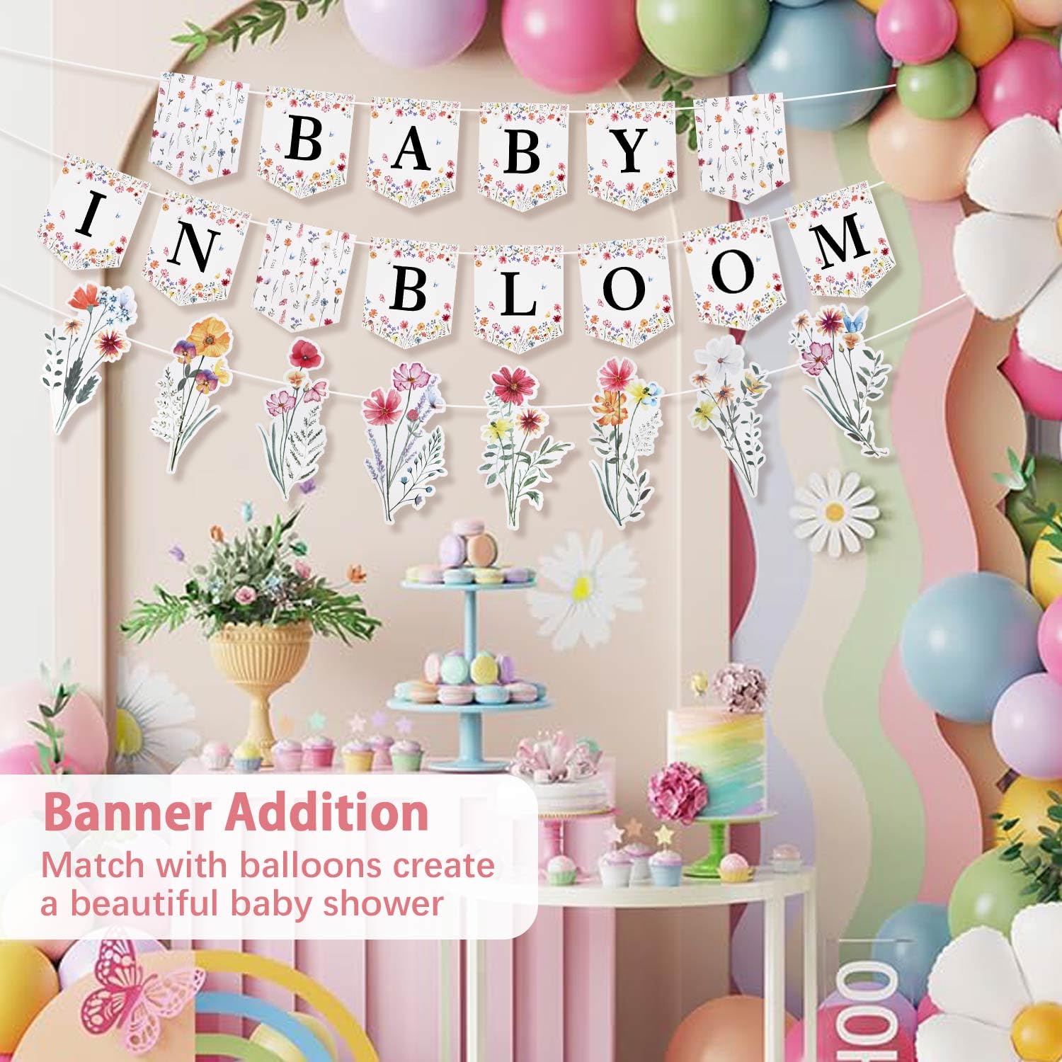 Heboland Baby in Bloom Banner Baby Shower Decorations for Girls, Wildflowers Baby Shower Decorations Hanging Banner Sign Party Supplies