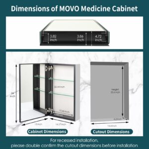 Movo 15 Inch x 24 Inch Medicine Cabinet with Mirror,Black Aluminum Framless Bathroom Mirror Medicine Cabinet,Recessed or Surface Mount Medicine Cabinet for Bathroom with Adjustable Shelves